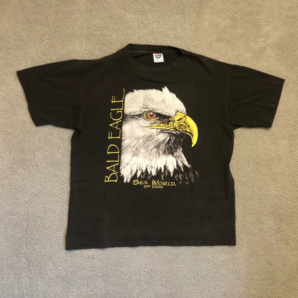 Vintage 90s Sea World Ohio Bald Eagle T-Shirt Black Single Stitch Seasons Large